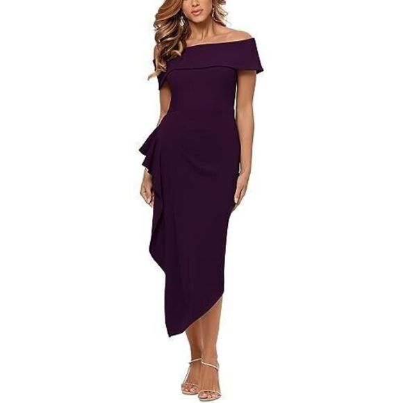 Betsy & Adam Sz 16 Mulberry Off The Shoulder Midi Crepe Side Ruched Dress $239 - Picture 9 of 10